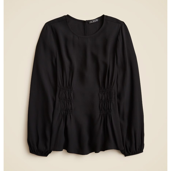 J.Crew Shirred Waist Top Viscose Crepe Black Long Sleeve Minimalist US 10 NWT - Picture 2 of 11